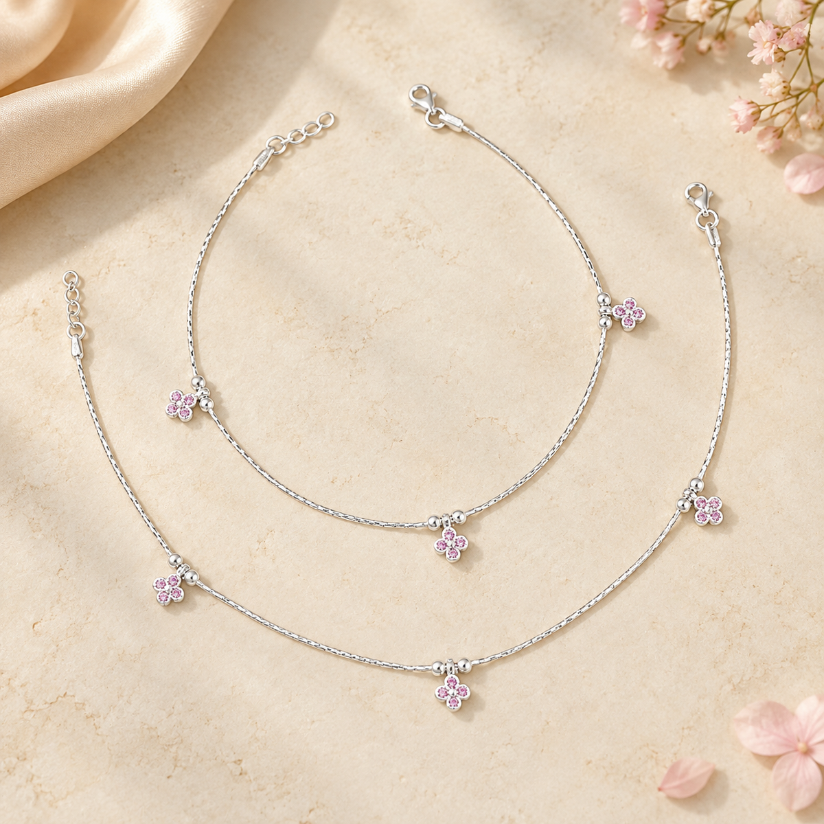 Eesha Pink Blossom Charm Silver Anklets