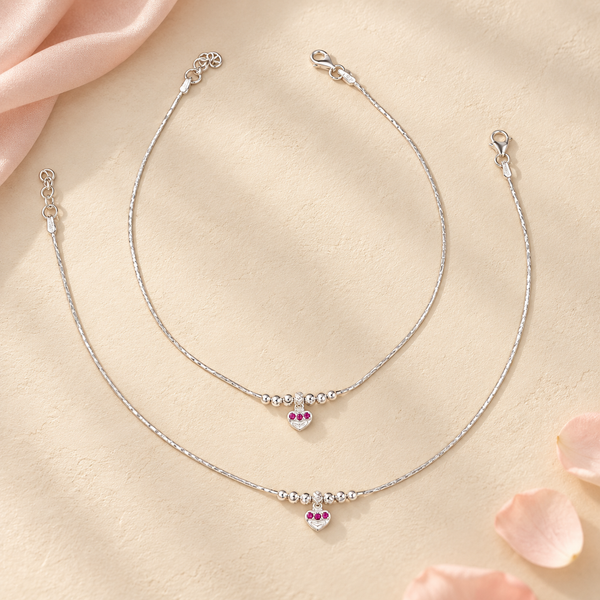 Saanvi  Ruby Heart Charm Silver Anklets