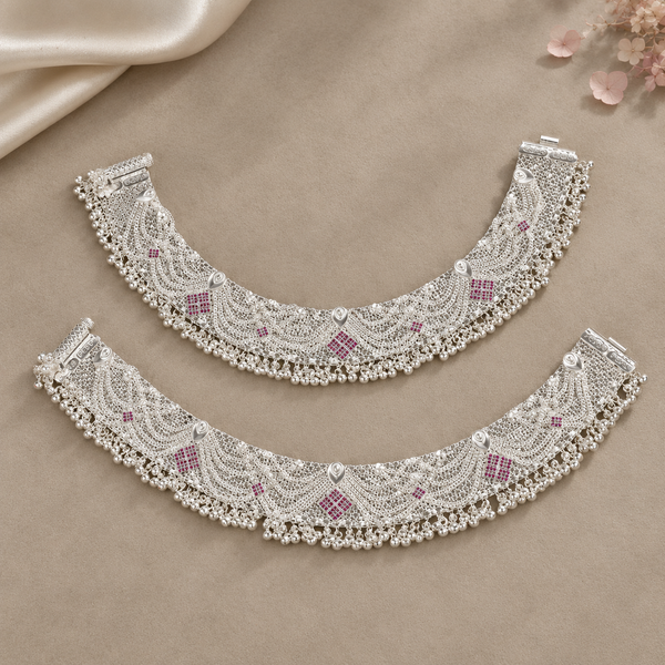 Aahana Ruby Mesh Silver Anklets