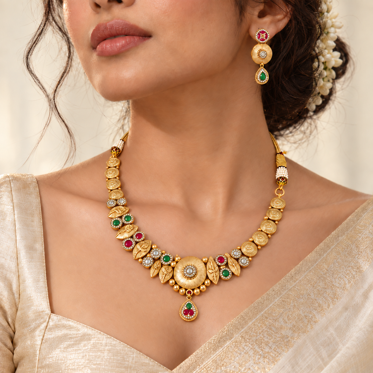 Akshara Navratna Leaf  Necklace Set