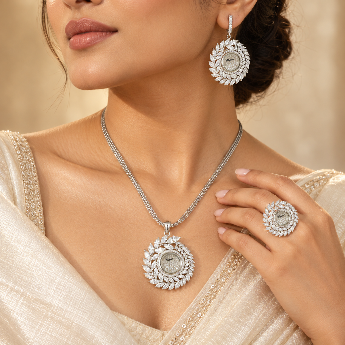 Eshani Zivara Moonleaf Silver Pendant Set