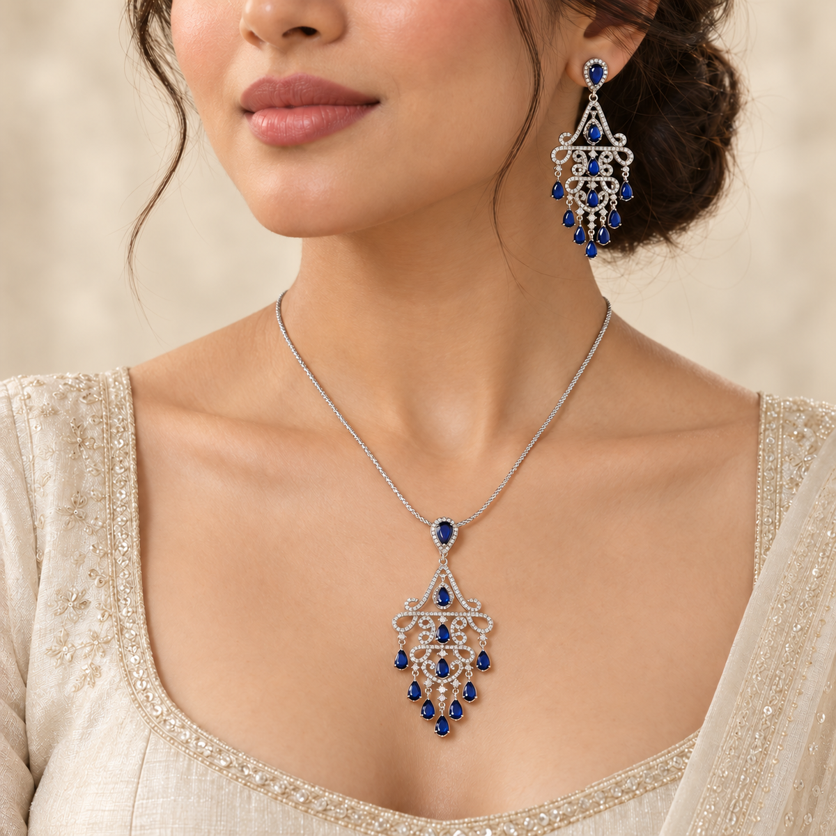 Aadhya Royal Cascade Silver Pendant Set