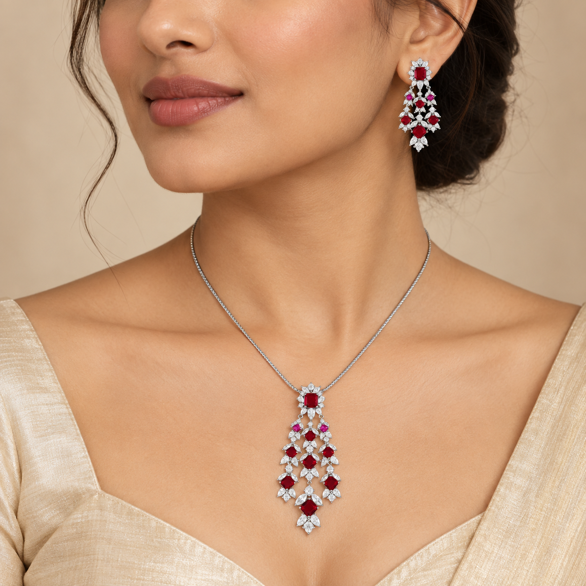 Riddhi Rubelle Scarlet Grace Silver Pendant Set
