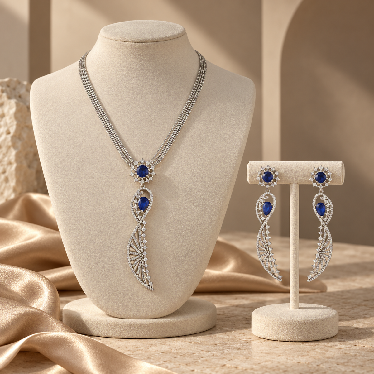 Aashi Aurevia Sapphire Twist Silver Pendant Set