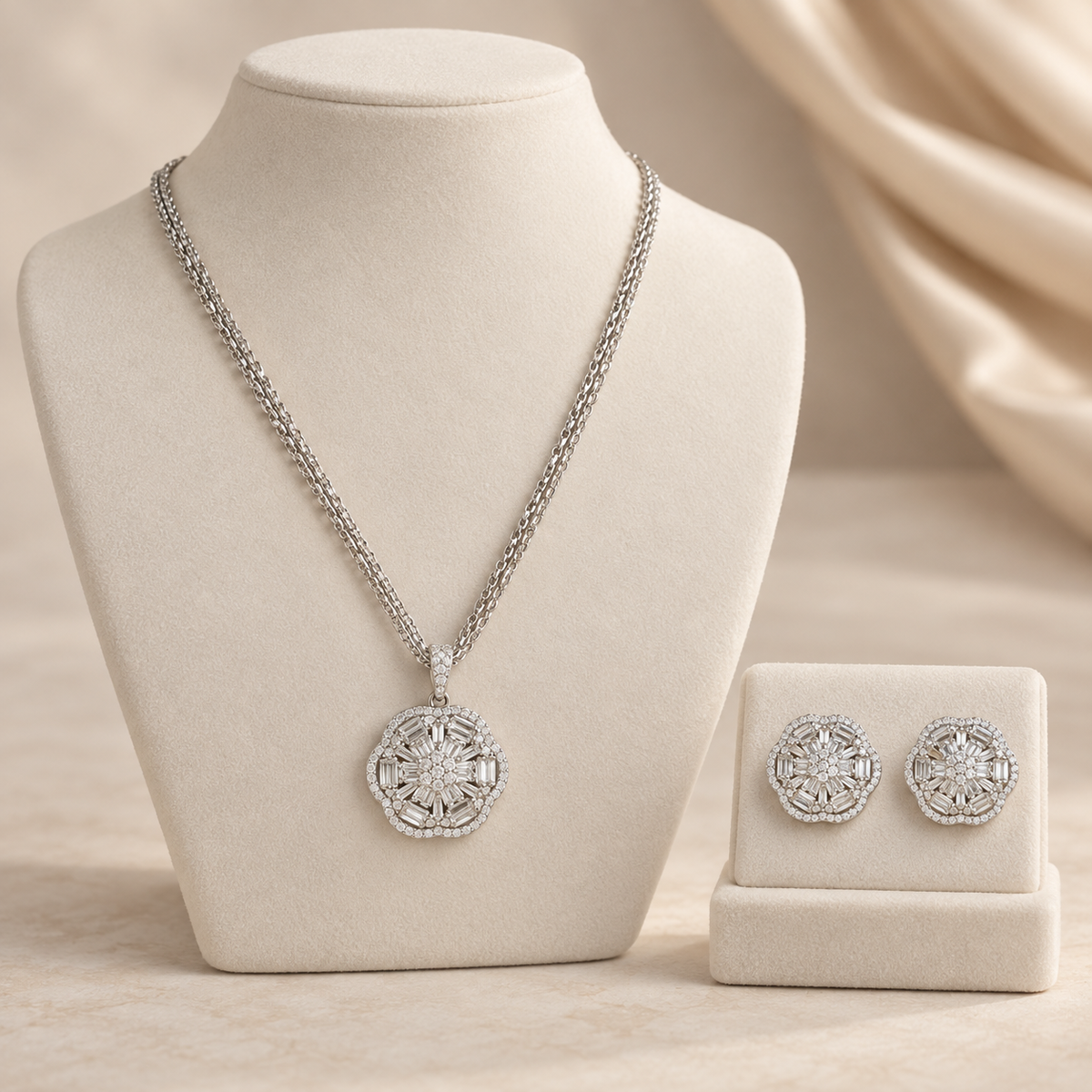 Yashvi Crystal Rosette Silver Pendant Set
