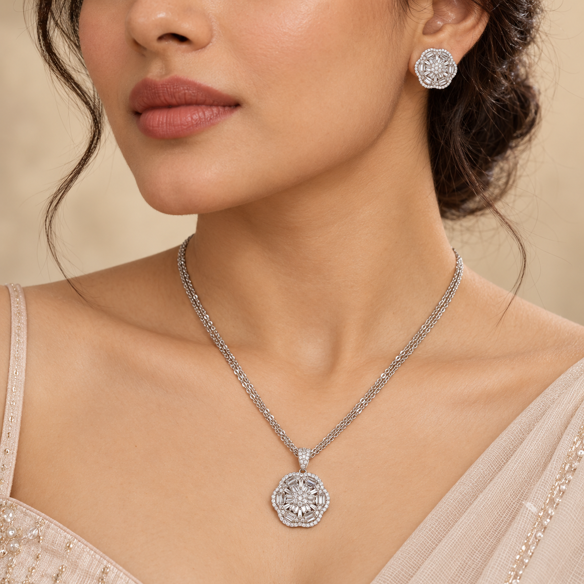 Yashvi Crystal Rosette Silver Pendant Set