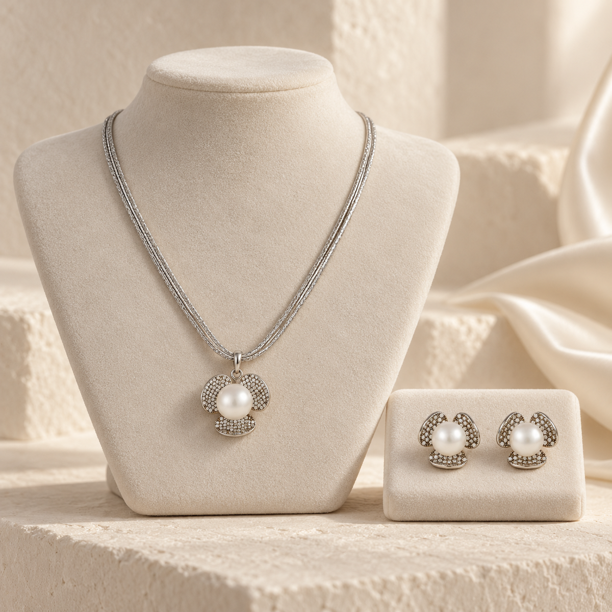 Rhea Pearl Petal Grace  Silver Pendant Set
