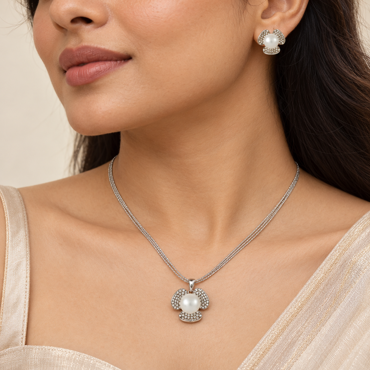 Rhea Pearl Petal Grace  Silver Pendant Set