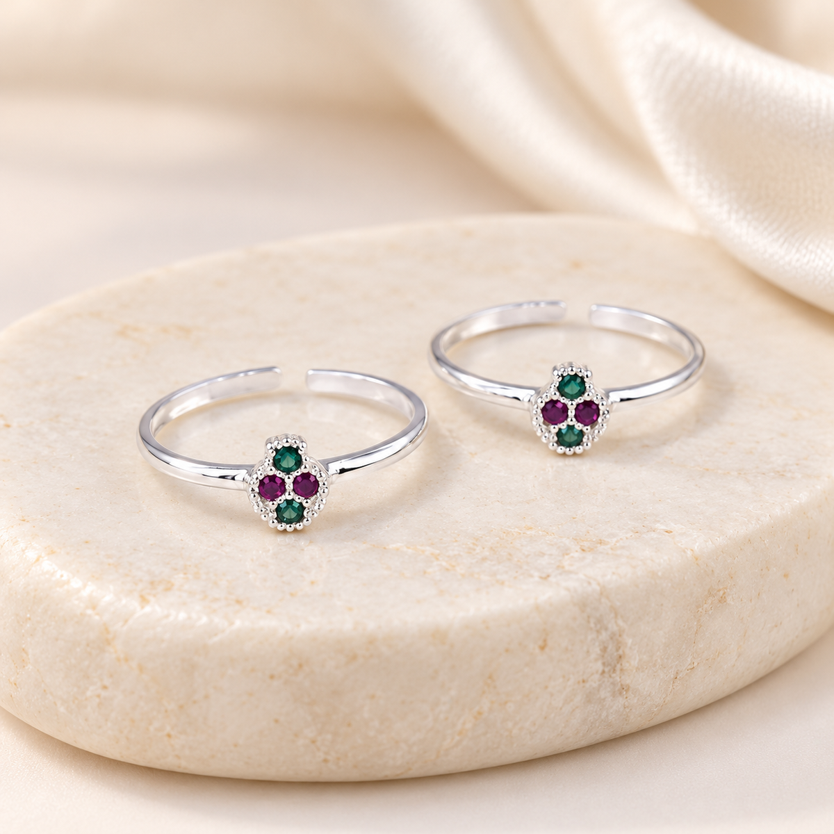 Royal Bloom Multicolor Silver Toe Rings