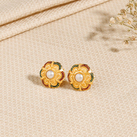 Denika Colorful Pearl Floral Gold Earrings