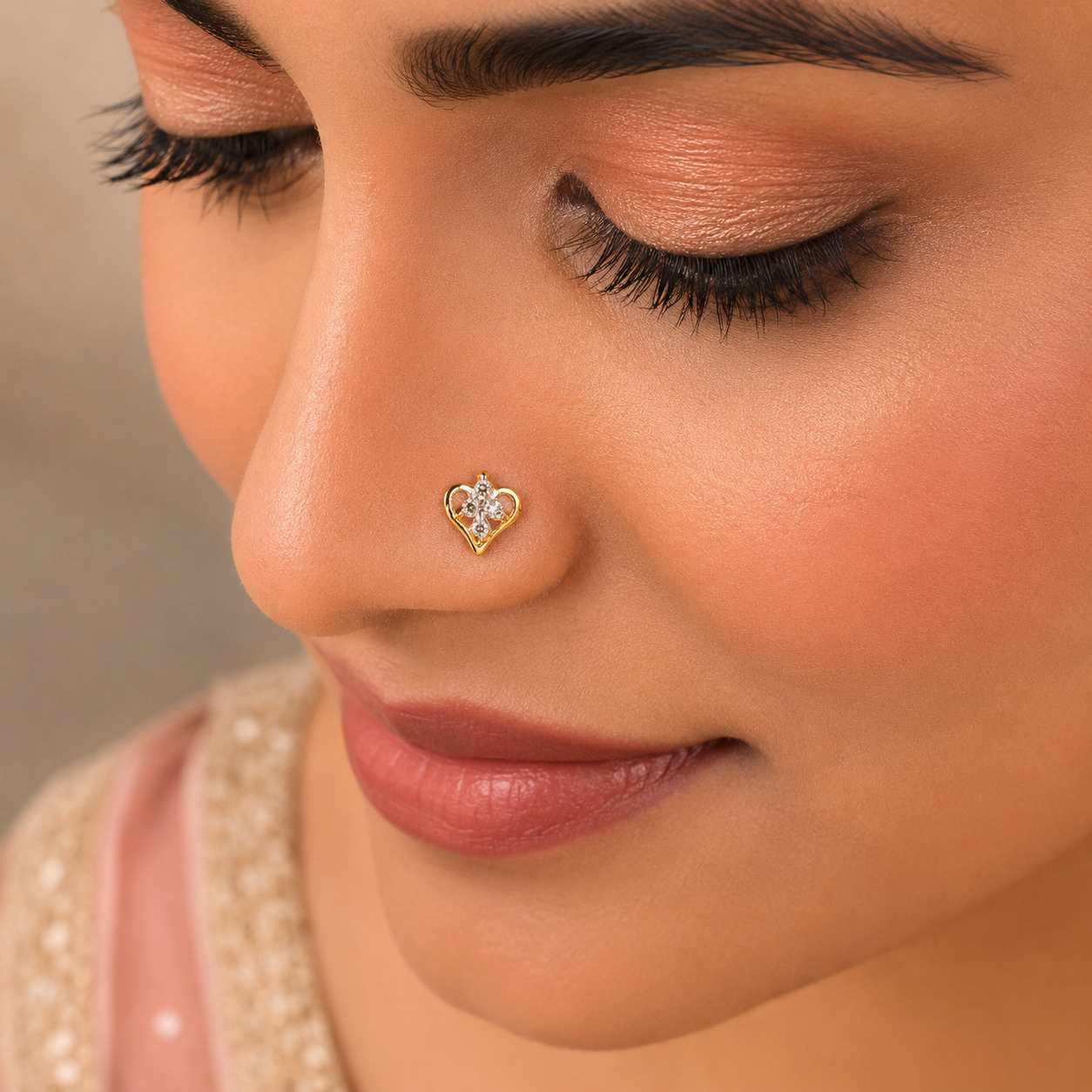 Janvi Floral Heart Gold Nose Pin