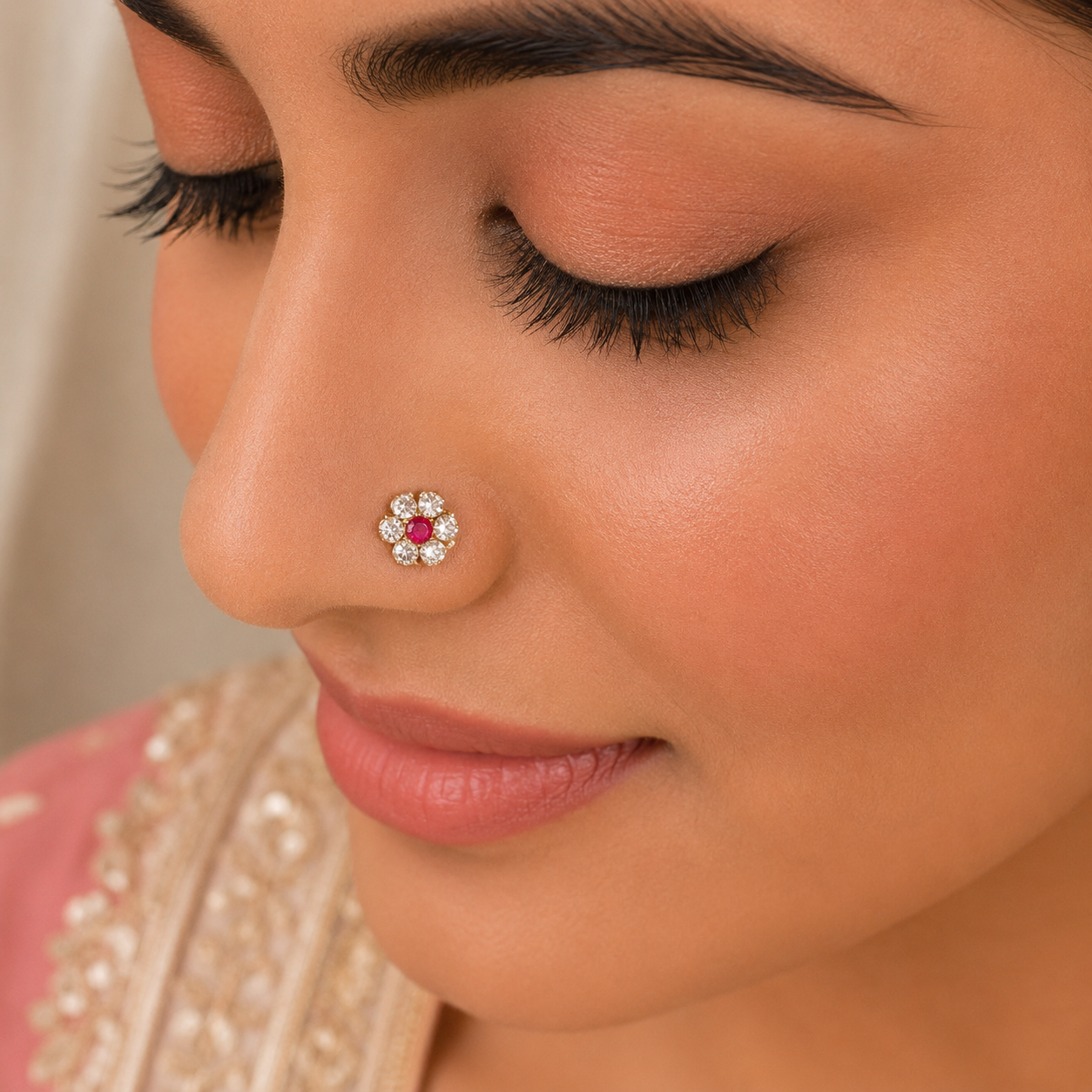 Trisha Red Center Flower Gold Nose Pin