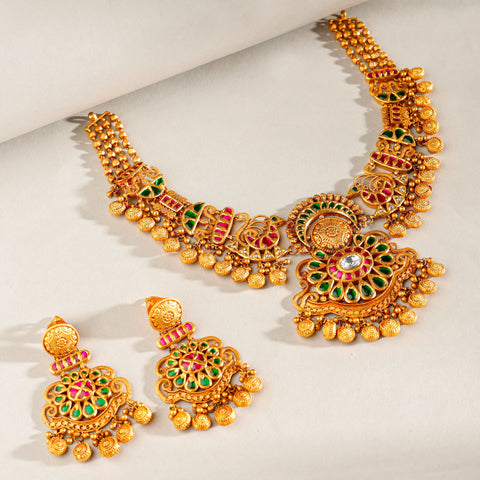 Anvi Pink-Green Glow Gold Necklace Set