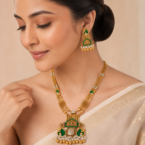 Temple Green Long Gold Necklace Set