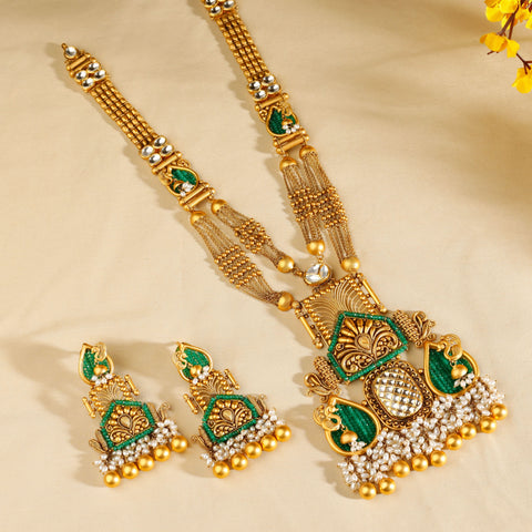 Temple Green Long Gold Necklace Set