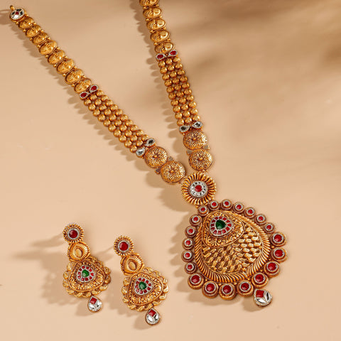Antique Red Meenakari  Long Gold Necklace Set
