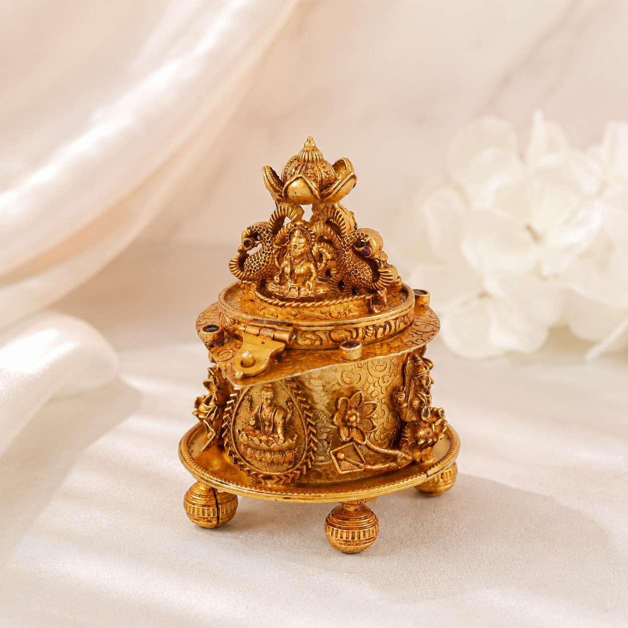 Gold Plated Lakshmi Silver Sindoor Box