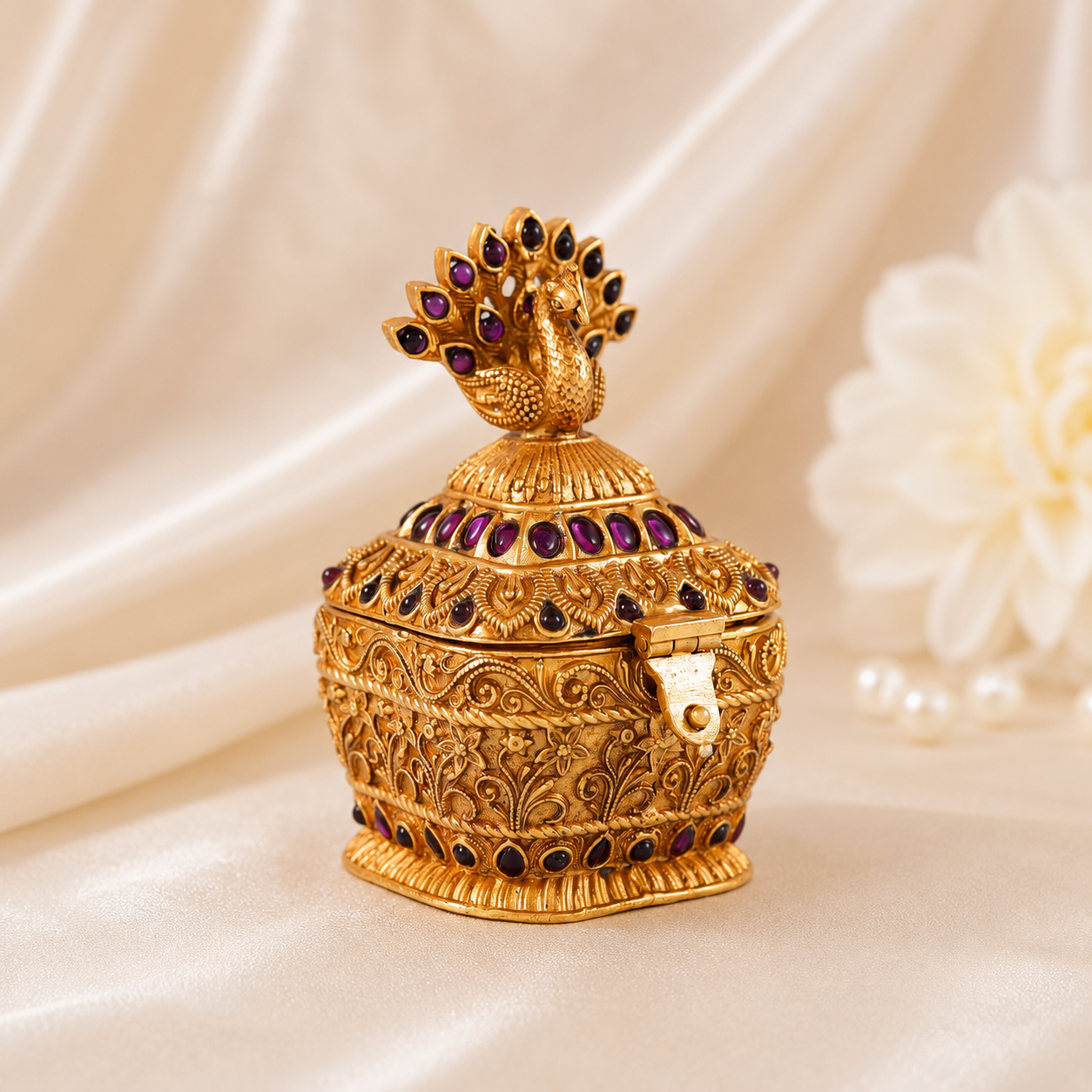 Regal Peacock Desing Silver Sindoor Box
