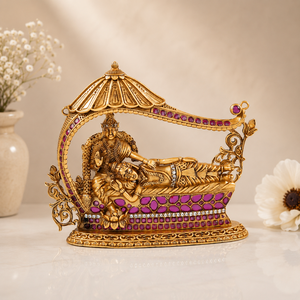 Vishnu Lakshmi Gold Plated Silver Idol