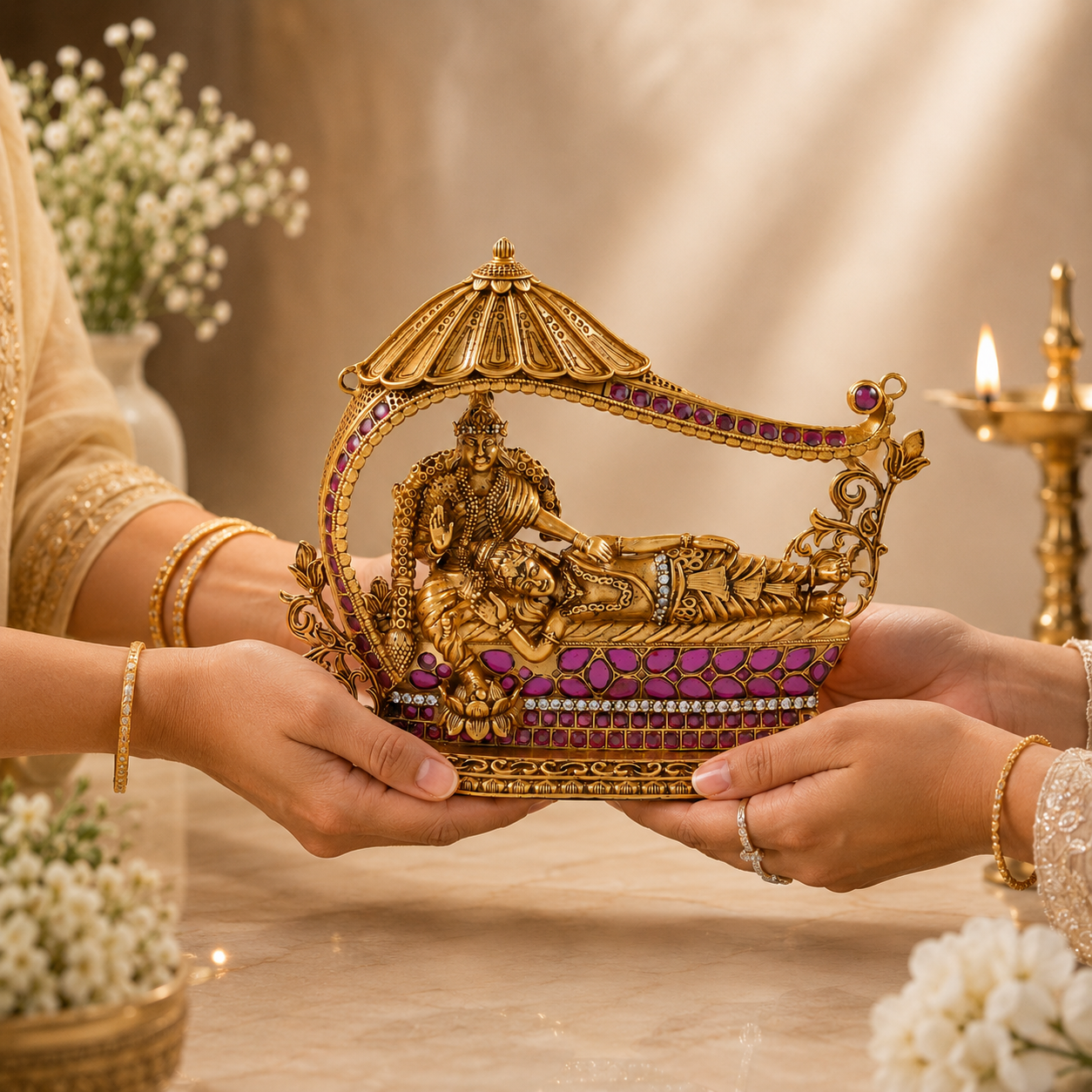 Vishnu Lakshmi Gold Plated Silver Idol
