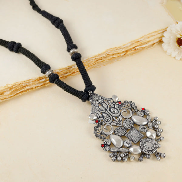 Nritya Antique Silver Tribal Black Thread Necklace