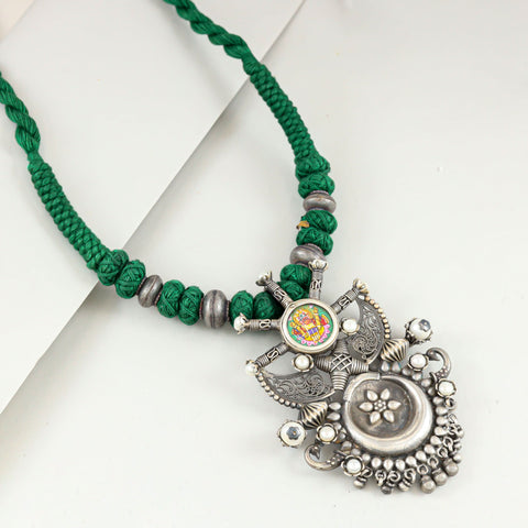 Devika Tribal Fusion Green Thread Silver Necklace