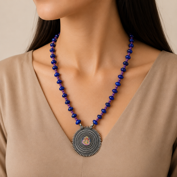 Neetu Divine Blue Beaded Elegance Silver Necklace