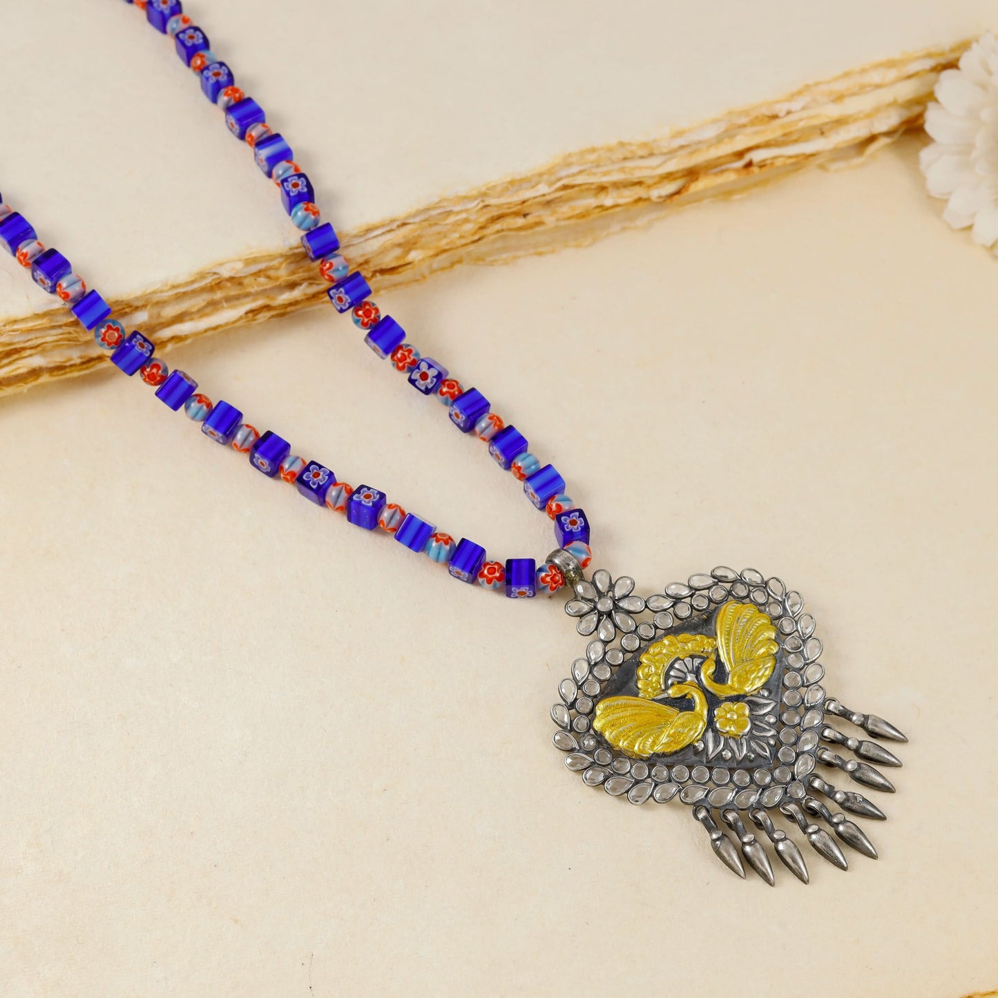 Peacock Design Blue Floral Beads Silver Necklace