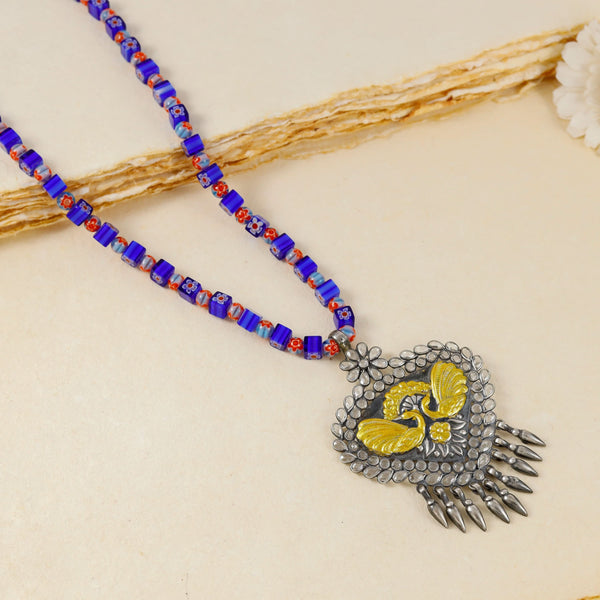 Peacock Design Blue Floral Beads Silver Necklace
