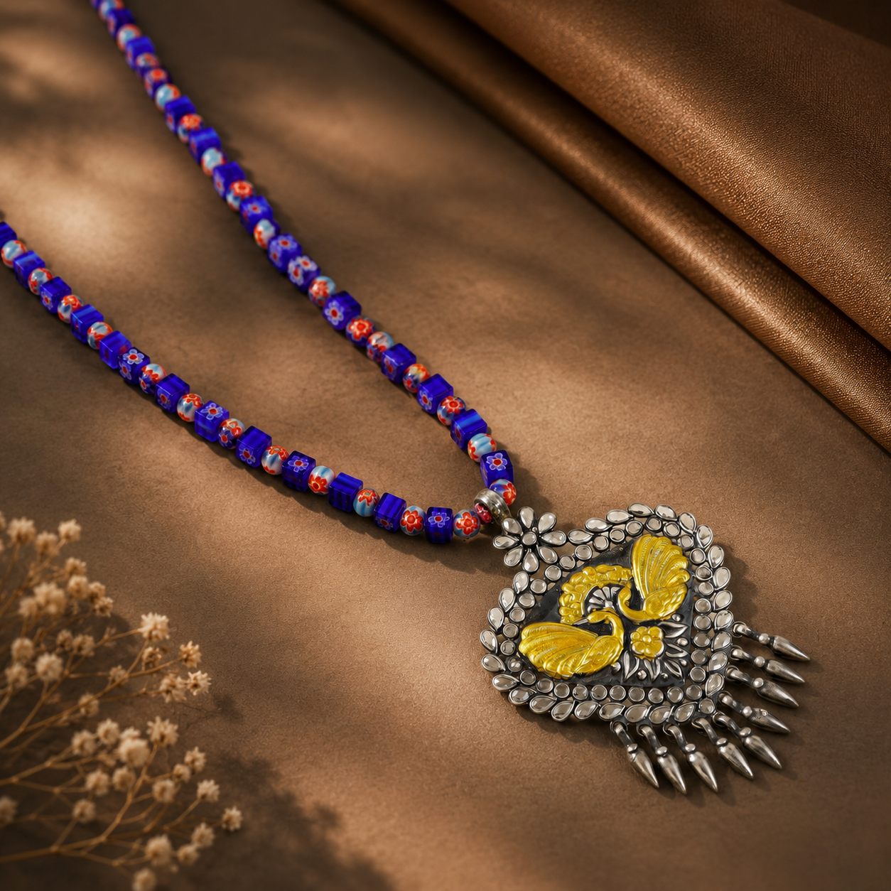 Peacock Design Floral Silver Necklace