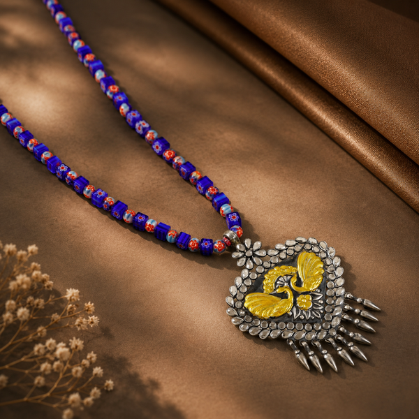 Peacock Design Floral Silver Necklace