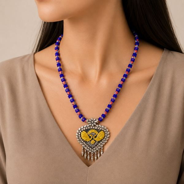 Peacock Design Floral Silver Necklace