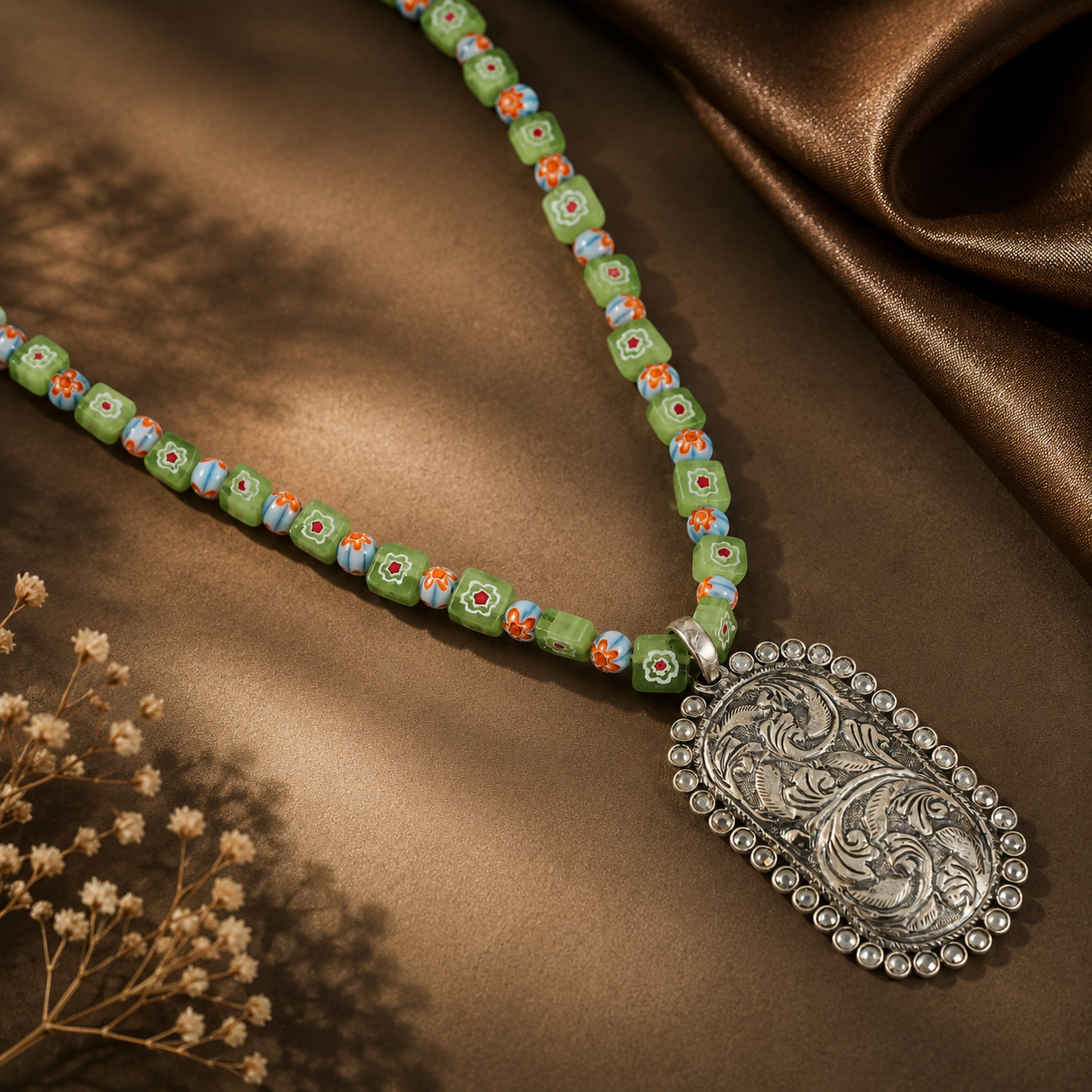 Radha Paired With Floral Silver Necklace