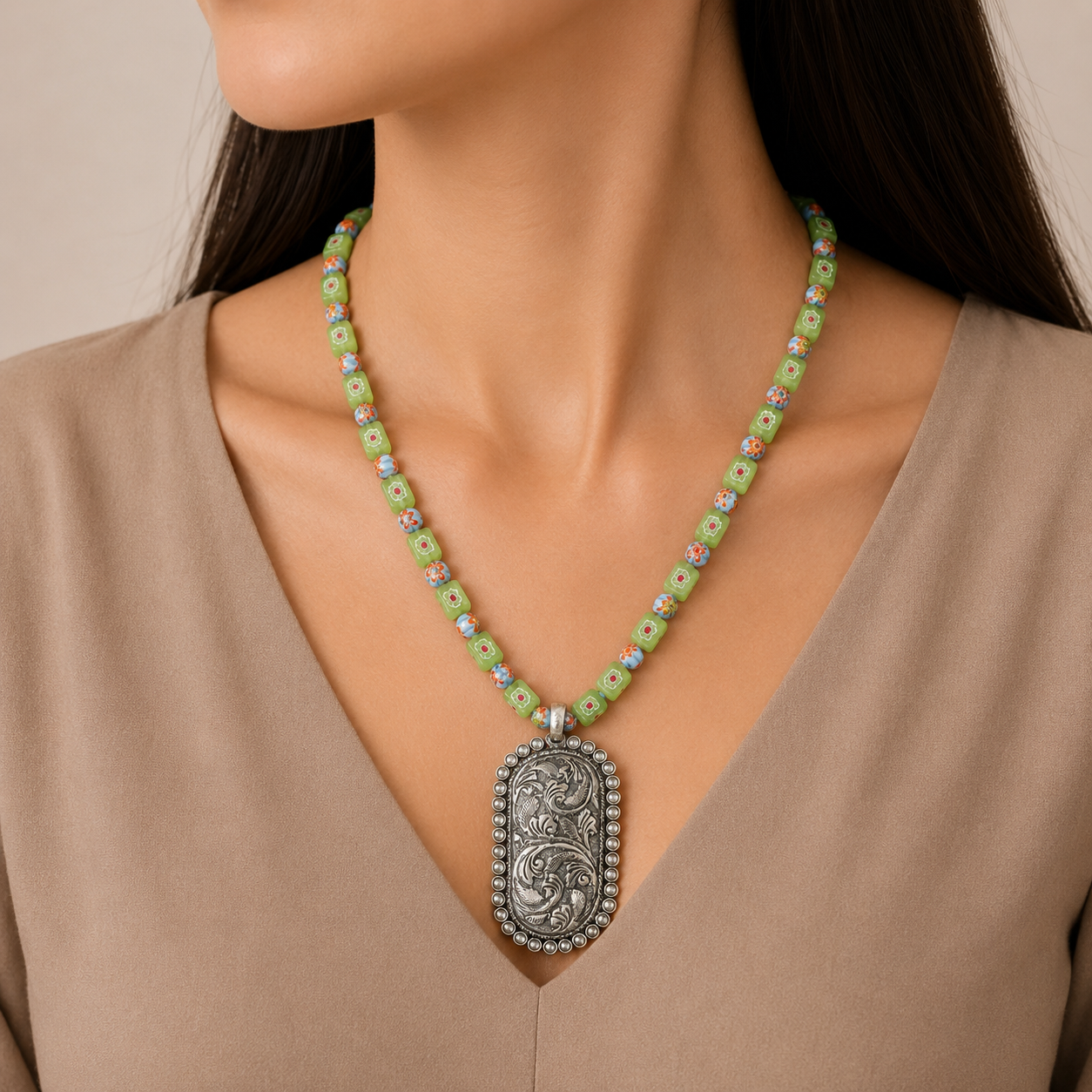 Radha Paired With Floral Silver Necklace