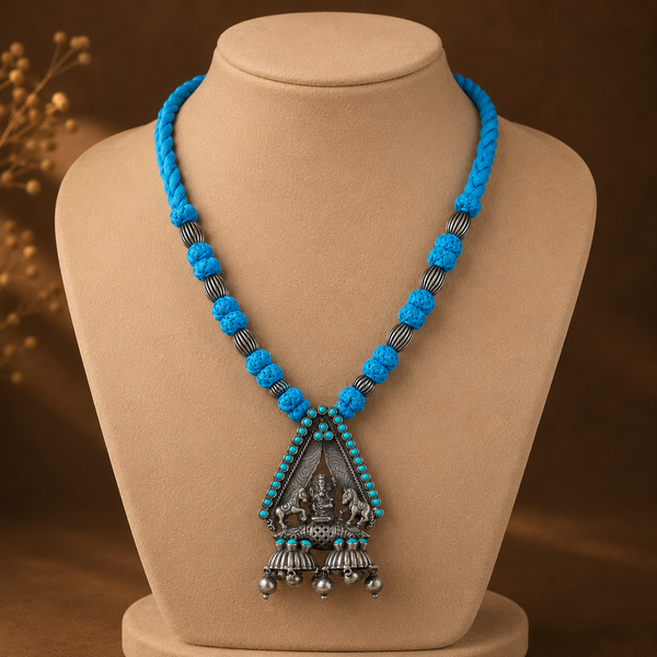 Leena  Turquoise Beads And Blue Thread Silver Necklace