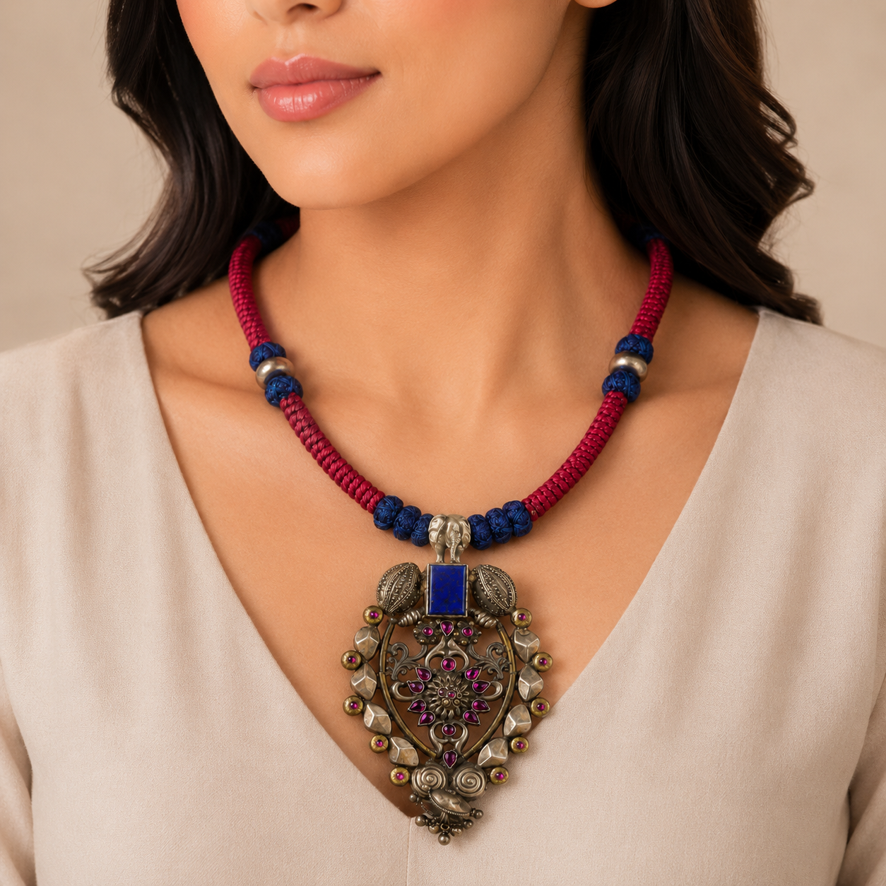 Ruby Red And Blue Color Silver Necklace