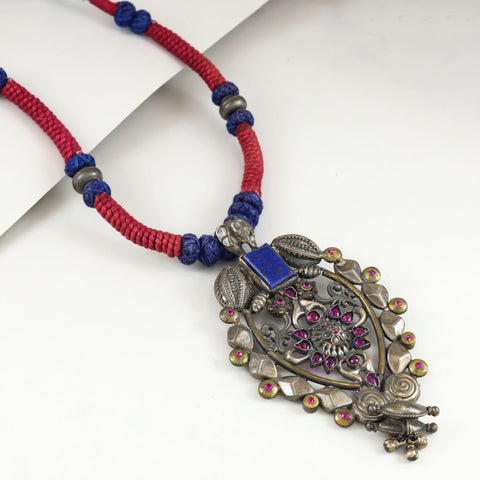 Srishti Vibrant Ruby Red And Blue Color Silver Necklace