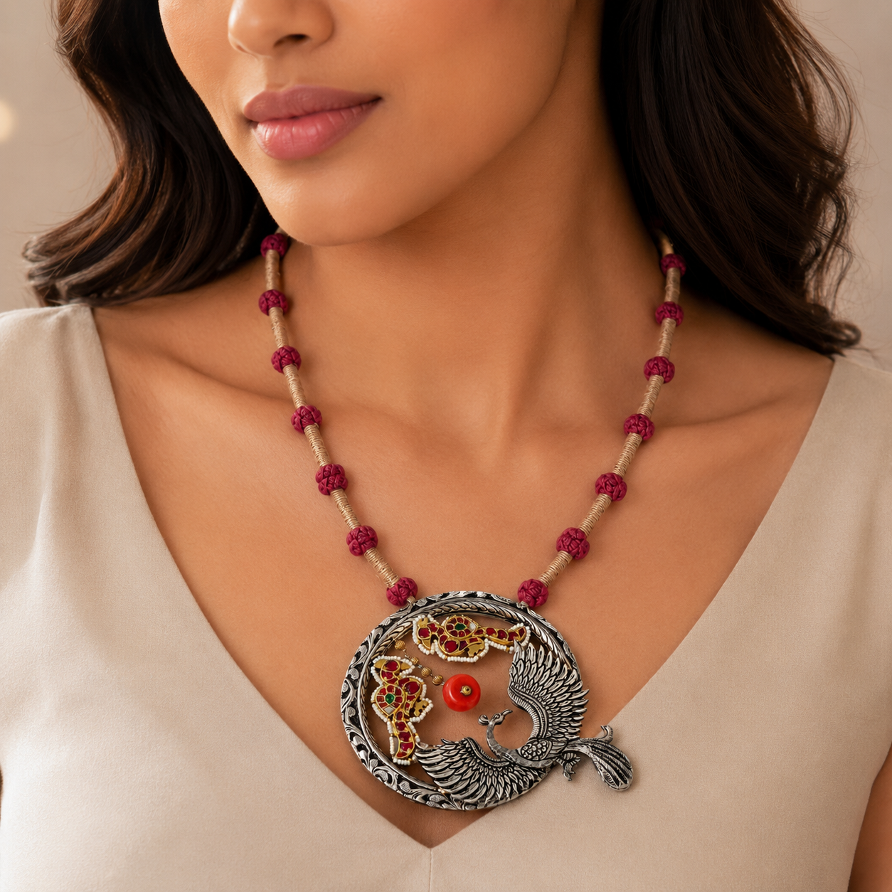 Peacock Kundan Work Silver Necklace