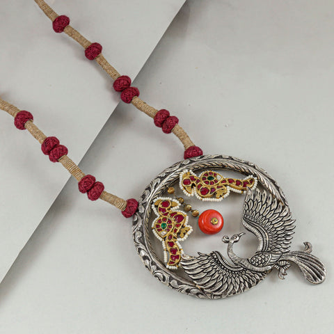 Diya Peacock Kundan Work And Vibrant Thread Silver Necklace