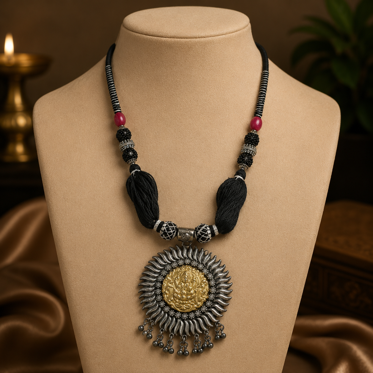 Ganesha Divine Black Thread Silver Necklace