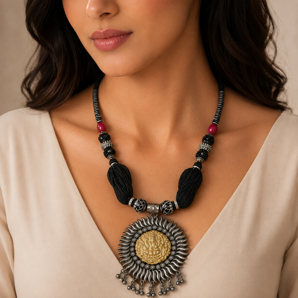 Ganesha Divine Black Thread Silver Necklace
