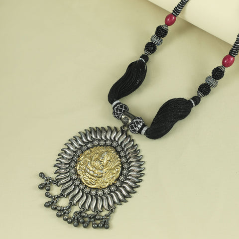 Ganesha Divine Charm Black Thread Silver Necklace