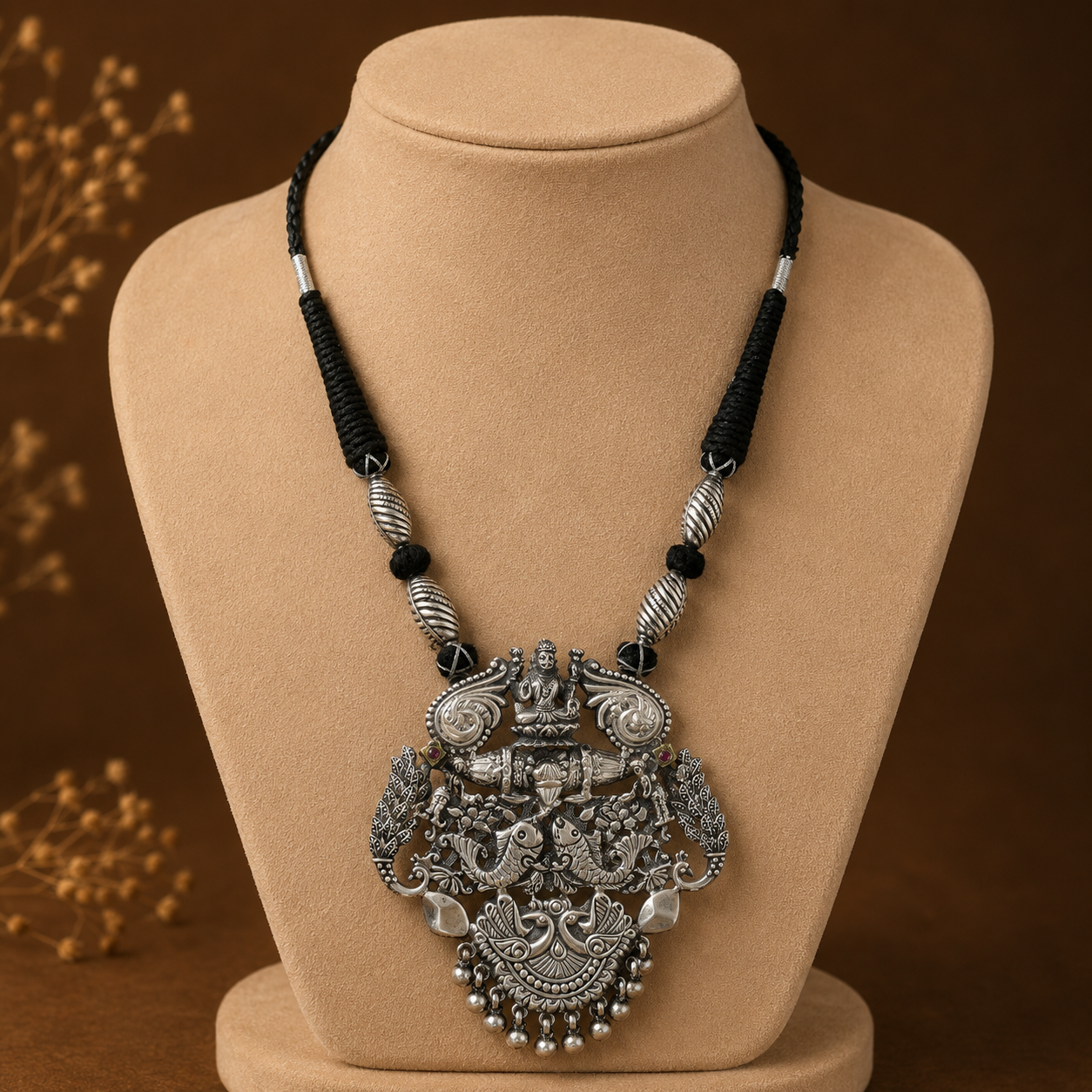 Lotus Of Lakshmi Black Thread Silver Necklace