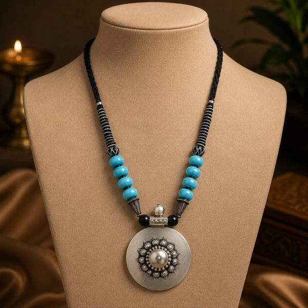 Meera Statement Silver Black Thread Necklace