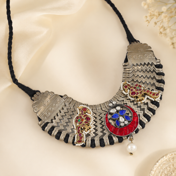 Naina Ethnic Statement Silver Necklace
