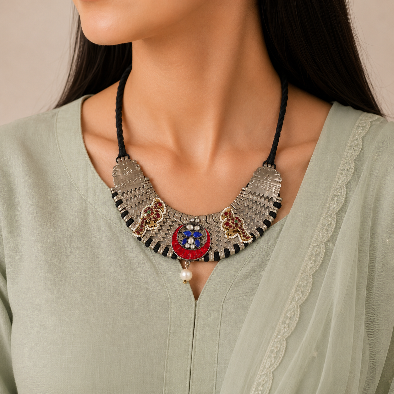 Naina Ethnic Statement Silver Necklace