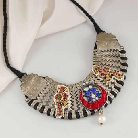 Naina Bold Ethnic Statement Black Thread Silver Necklace