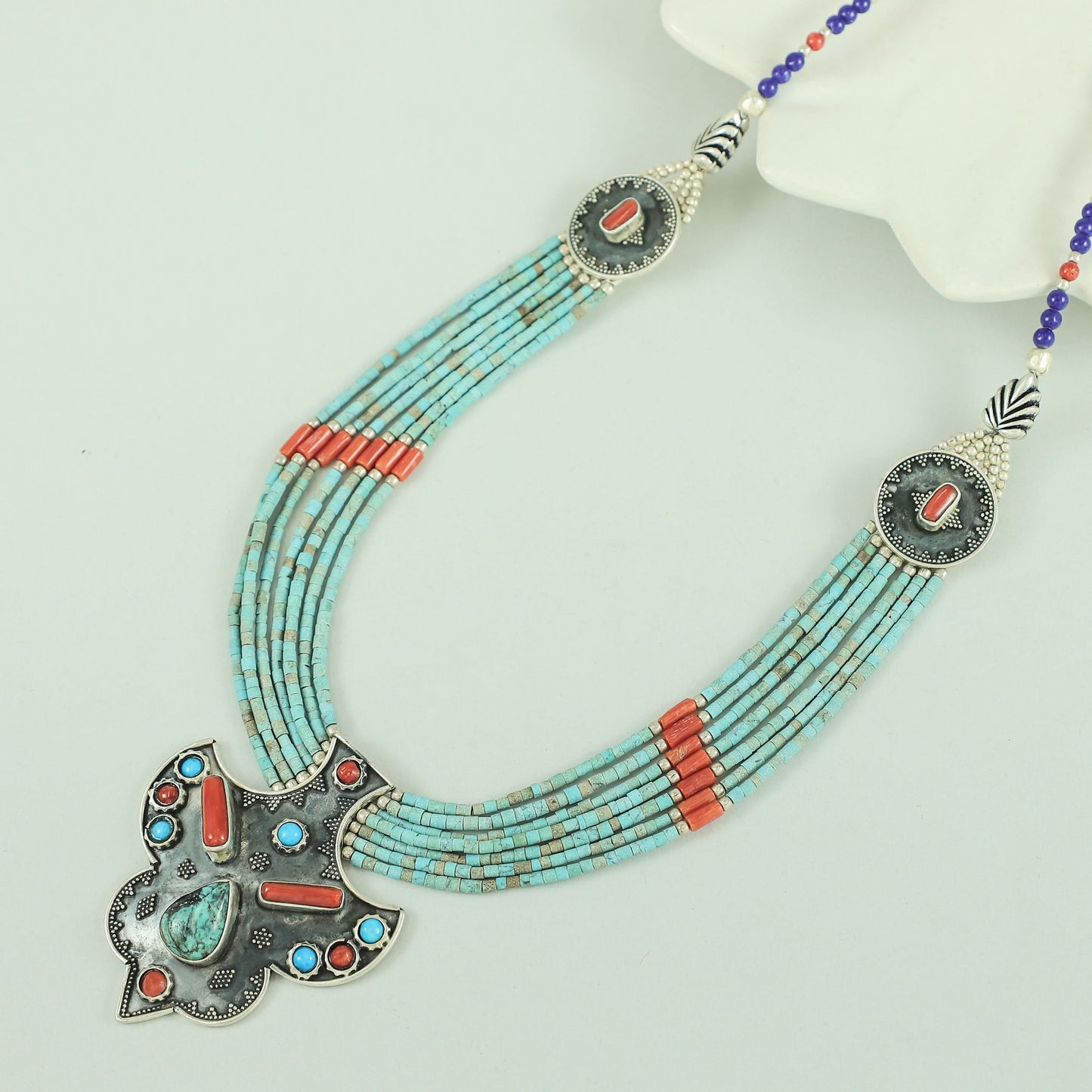 Turquoise Beaded Ethnic Charm Silver Necklace