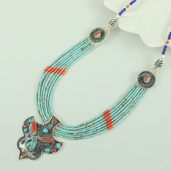 Turquoise Beaded Ethnic Charm Silver Necklace