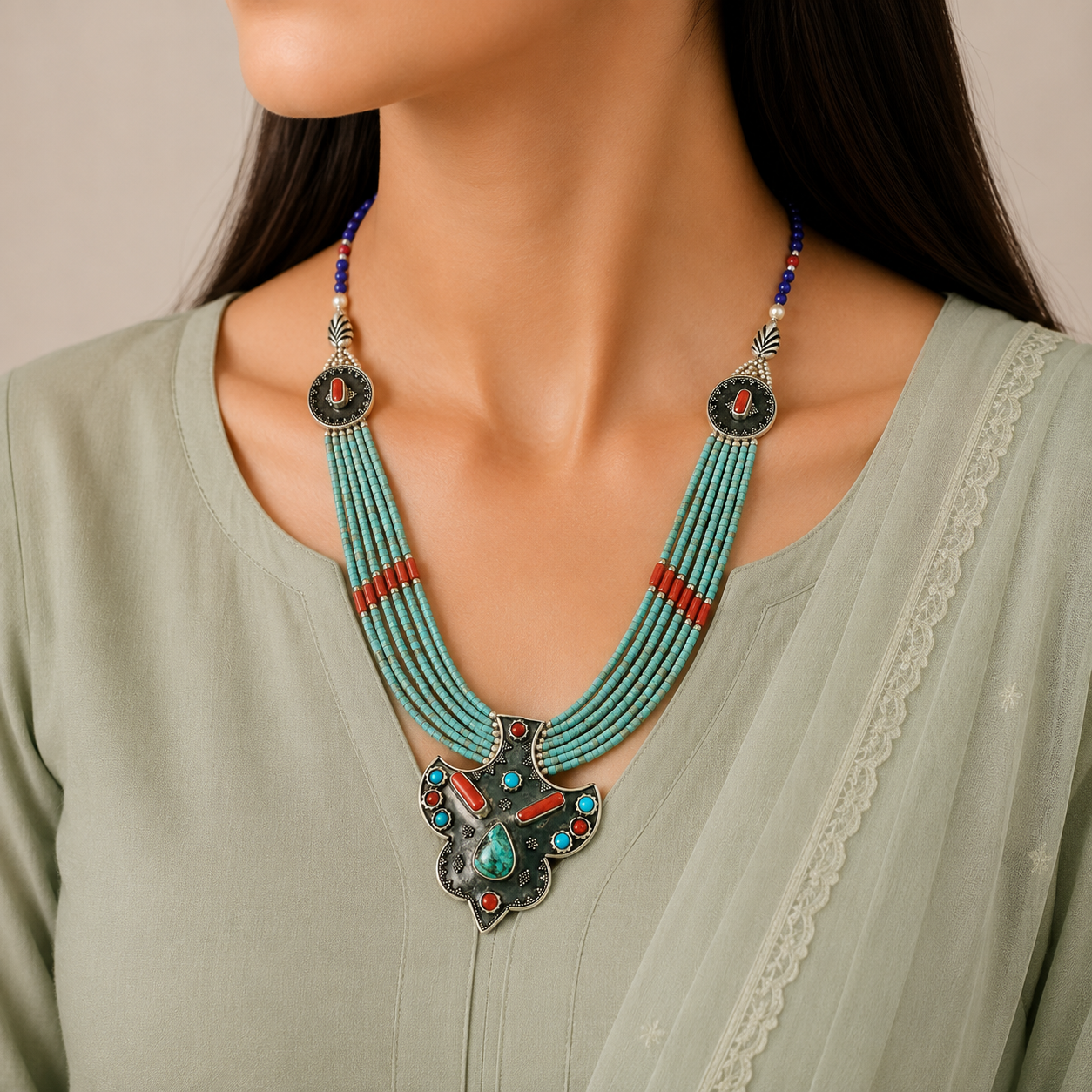 Turquoise Beaded Ethnic Charm Silver Necklace